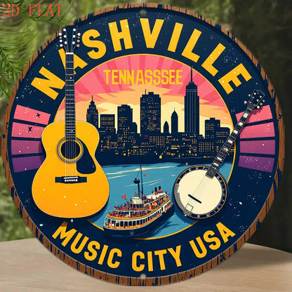 1pc Nashville Tennessee Music City USA Metal Wall Decor - Country Music-Themed Round Sign with Guitar, Banjo, and Skyline - Vint 1pc Nashville Tennessee Music City USA Metal Wall Decor - Country Music-Themed Round Sign with Guitar, Banjo, and Skyline - Vint