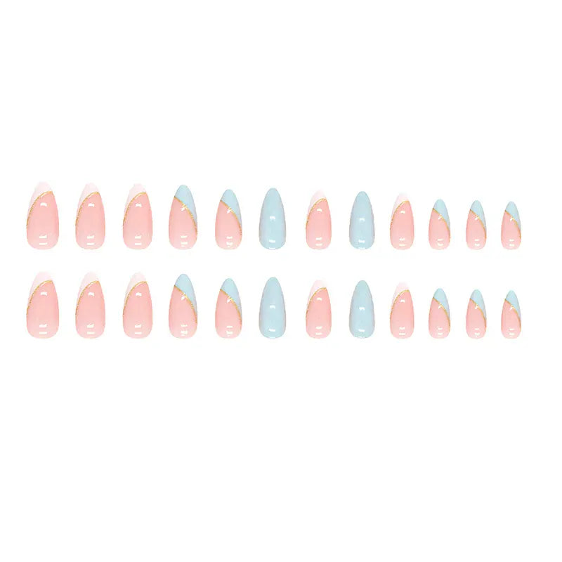Long Almond Press-On Nails - Contrasting Sweet Design | Wahooly 24 long almond shaped press on nails with contrasting sweet fake nails, 1 nail glue and 1 nail file