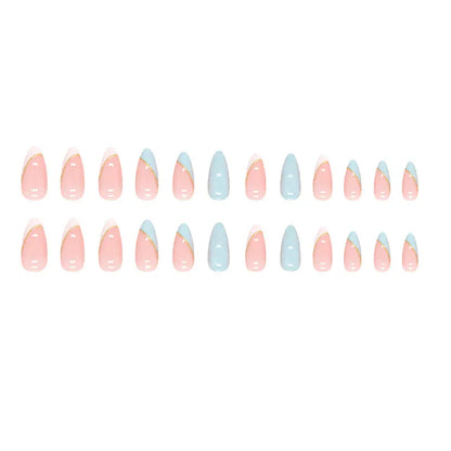 Long Almond Press-On Nails - Contrasting Sweet Design | Wahooly 24 long almond shaped press on nails with contrasting sweet fake nails, 1 nail glue and 1 nail file