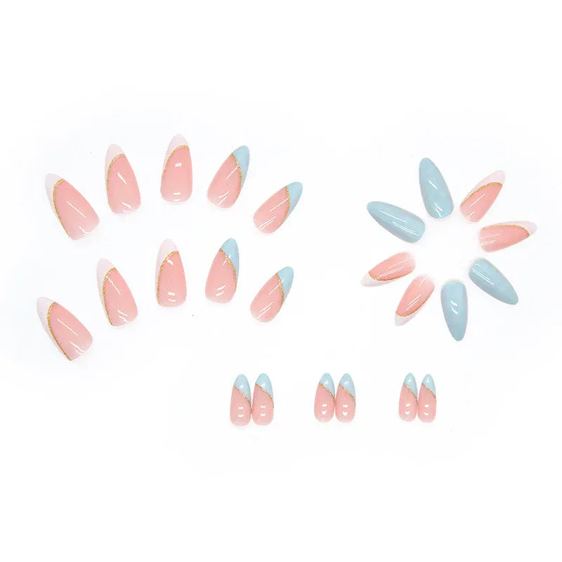 Long Almond Press-On Nails - Contrasting Sweet Design | Wahooly 24 long almond shaped press on nails with contrasting sweet fake nails, 1 nail glue and 1 nail file