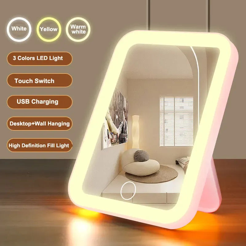 3 Colors LED Vanity Mirror with Touch Screen USB Rechargeable Dimming Makeup Mirror 3 Brightness Portable 3 Colors LED Vanity Mirror with Touch Screen USB Rechargeable Dimming Makeup Mirror 3 Brightness Portable