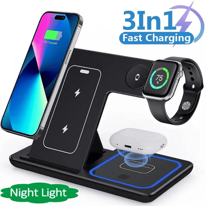 3 In 1 LED Fast Wireless Charger Stand Foldable Charging Station 3 In 1 LED Fast Wireless Charger Stand Foldable Charging Station