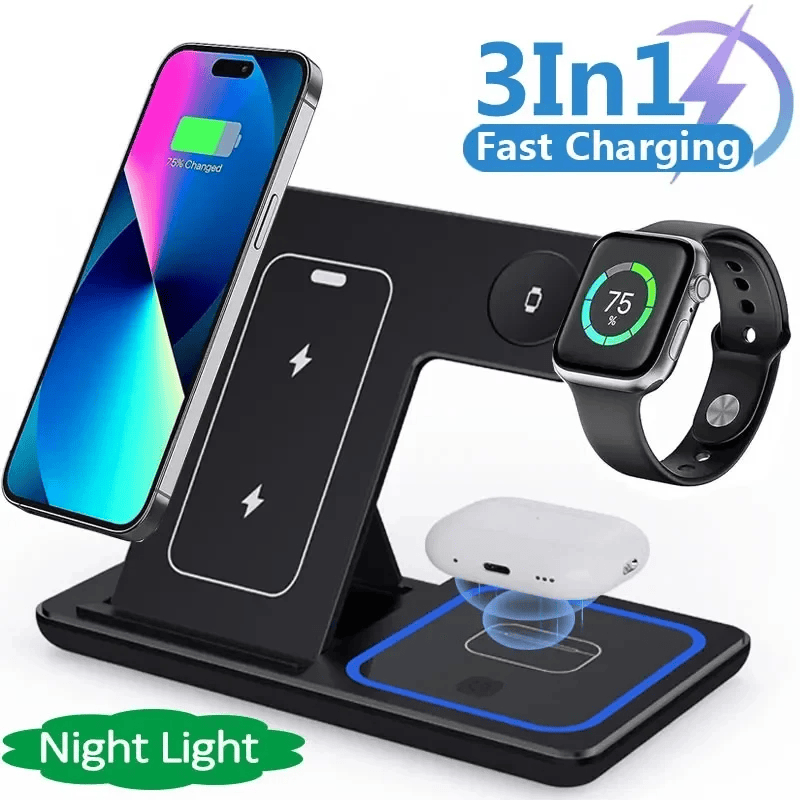 3 In 1 LED Fast Wireless Charger Stand Foldable Charging Station 3 In 1 LED Fast Wireless Charger Stand Foldable Charging Station
