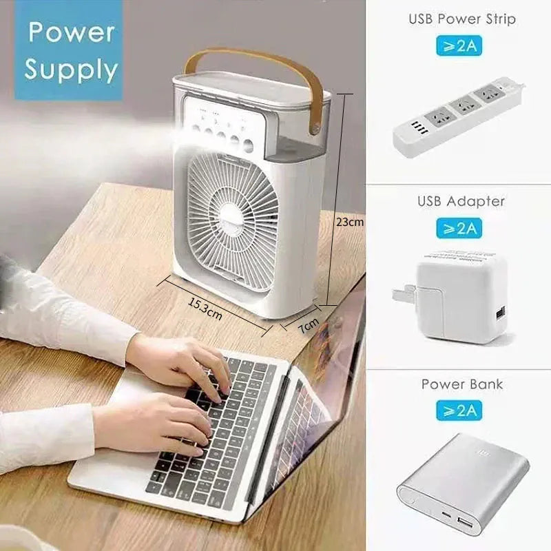 3-in-1 Mini Air Cooler Fan & Humidifier | Portable Evaporative Cooling | USB Powered | Home & Office 3-in-1 Mini Air Cooler, Fan & Humidifier — Portable Evaporative Cooling with 7-Color LED | Home & Office