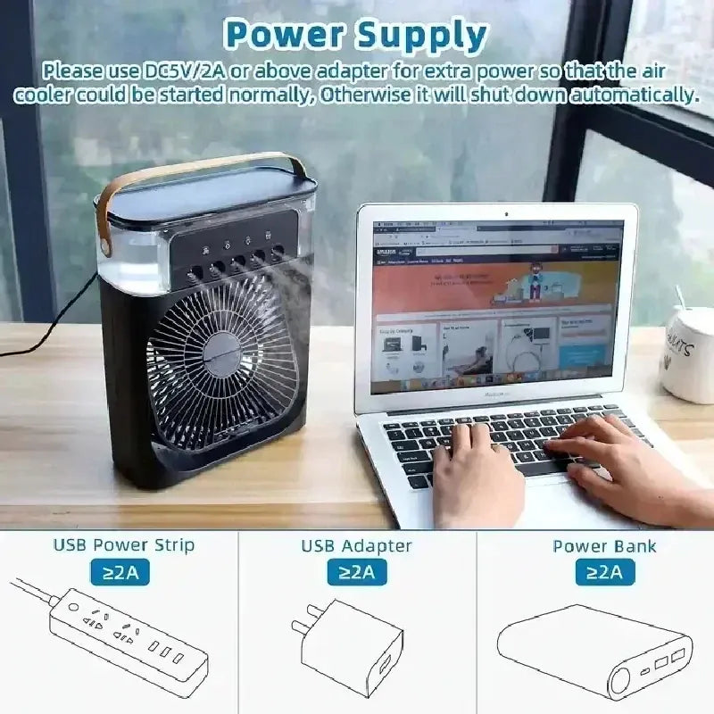 3-in-1 Mini Air Cooler Fan & Humidifier | Portable Evaporative Cooling | USB Powered | Home & Office 3-in-1 Mini Air Cooler, Fan & Humidifier — Portable Evaporative Cooling with 7-Color LED | Home & Office
