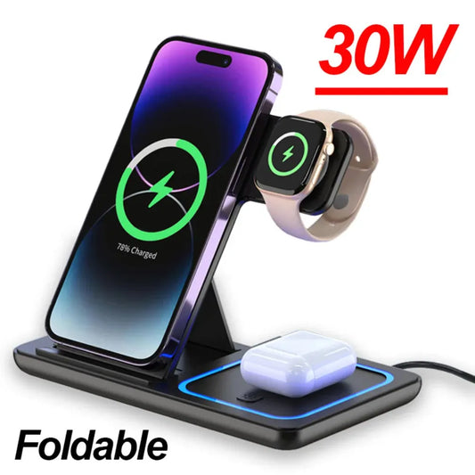 3-in-1 Wireless Charging Station 30W – iPhone, Apple Watch & AirPods Fast Charger | Wahooly 3-in-1 Wireless Charging Station – 30W Fast Charger for iPhone, Apple Watch & AirPods