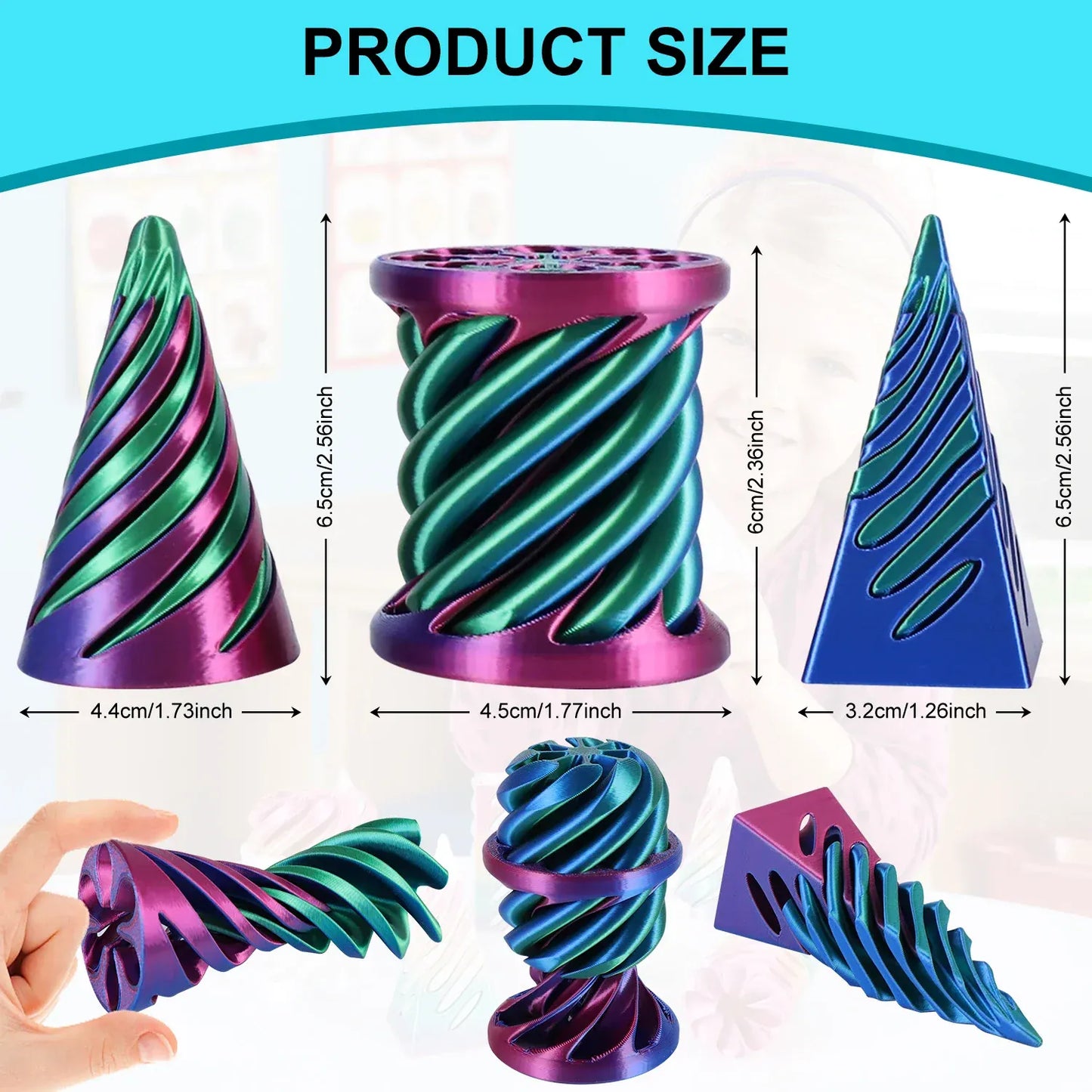 3-Pack Spiral Cone Fidget Toys | Impossible Pyramid Design 3 Pack Spiral Cone Fidget Toys 3D Printed Impossible Passthrough Pyramid Pillar Helix Screw Toys for Anxiety Relaxing