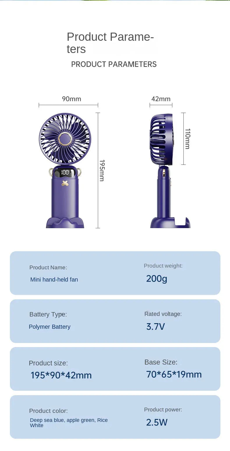 3000mAh Ultra-Quiet USB Mini Handheld Fan Portable Desk Fans 5 Speed USB Rechargeable Fan with Phone Stand and Display Screen 3000mAh Ultra-Quiet USB Mini Handheld Fan Portable Desk Fans 5 Speed USB Rechargeable Fan with Phone Stand and Display Screen