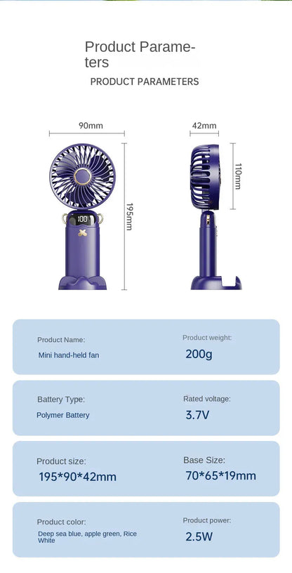 3000mAh Ultra-Quiet USB Mini Handheld Fan Portable Desk Fans 5 Speed USB Rechargeable Fan with Phone Stand and Display Screen 3000mAh Ultra-Quiet USB Mini Handheld Fan Portable Desk Fans 5 Speed USB Rechargeable Fan with Phone Stand and Display Screen