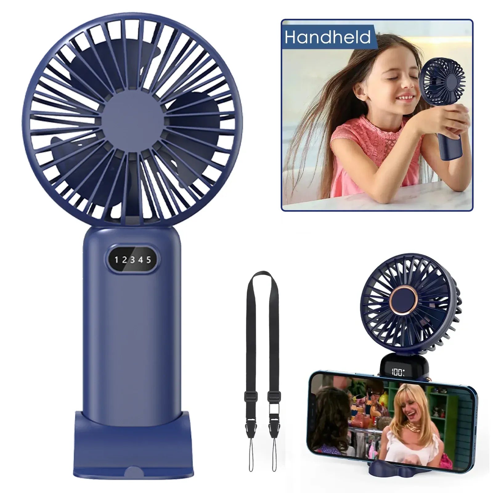 5-Speed Mini Handheld Fan USB Rechargeable Phone Stand | Wahooly 5-Speed Mini Handheld Fan — Foldable, USB Rechargeable with Phone Stand & Digital Display