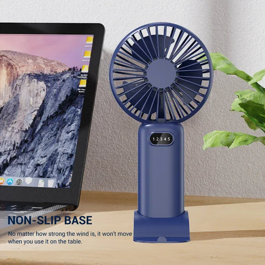 5-Speed Mini Handheld Fan USB Rechargeable Phone Stand | Wahooly 5-Speed Mini Handheld Fan — Foldable, USB Rechargeable with Phone Stand & Digital Display