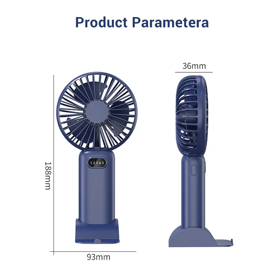 5-Speed Mini Handheld Fan USB Rechargeable Phone Stand | Wahooly 5-Speed Mini Handheld Fan — Foldable, USB Rechargeable with Phone Stand & Digital Display