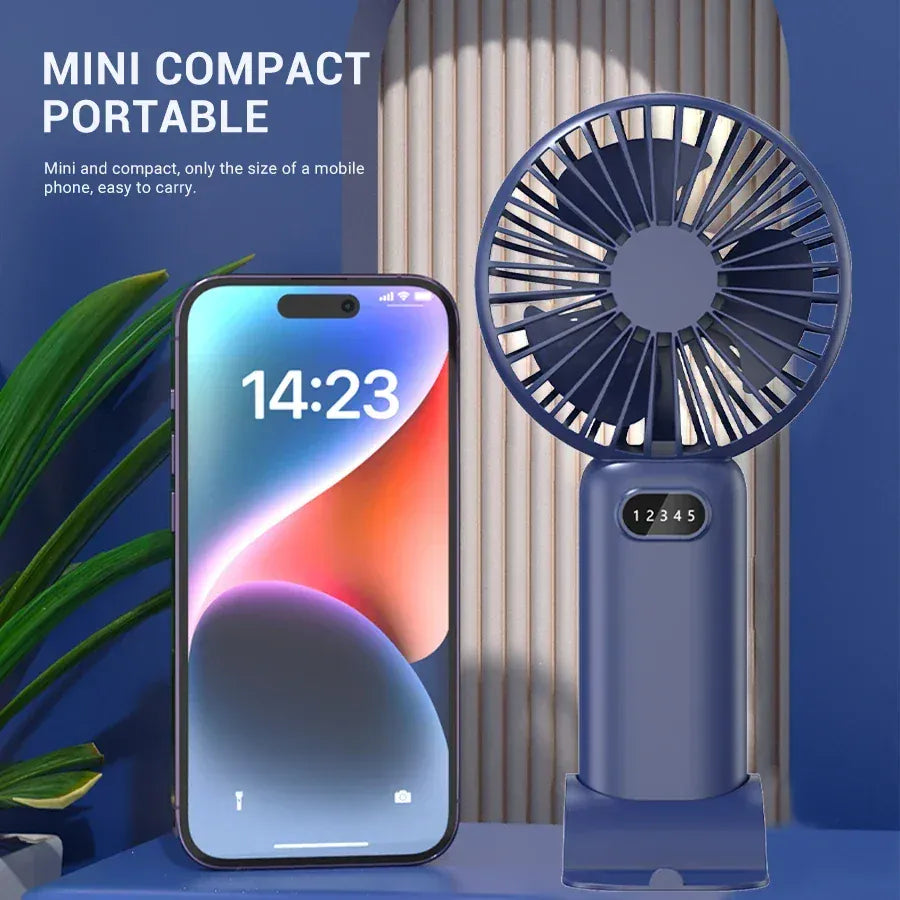 5-Speed Mini Handheld Fan USB Rechargeable Phone Stand | Wahooly 5-Speed Mini Handheld Fan — Foldable, USB Rechargeable with Phone Stand & Digital Display