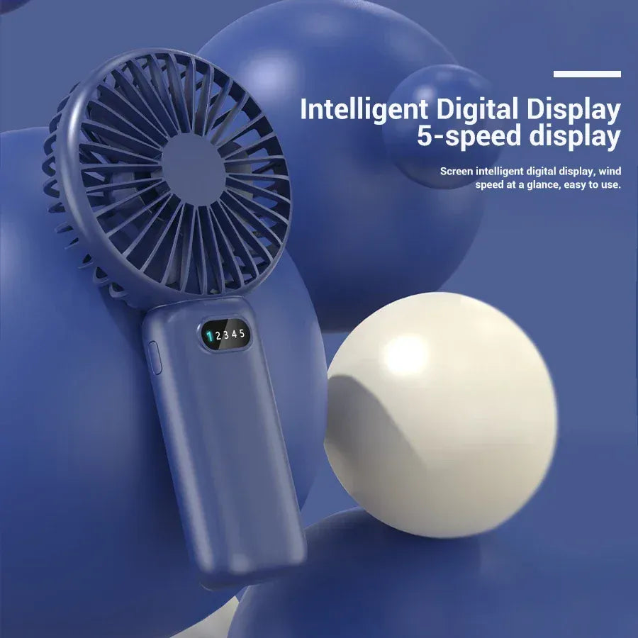 5-Speed Mini Handheld Fan USB Rechargeable Phone Stand | Wahooly 5-Speed Mini Handheld Fan — Foldable, USB Rechargeable with Phone Stand & Digital Display