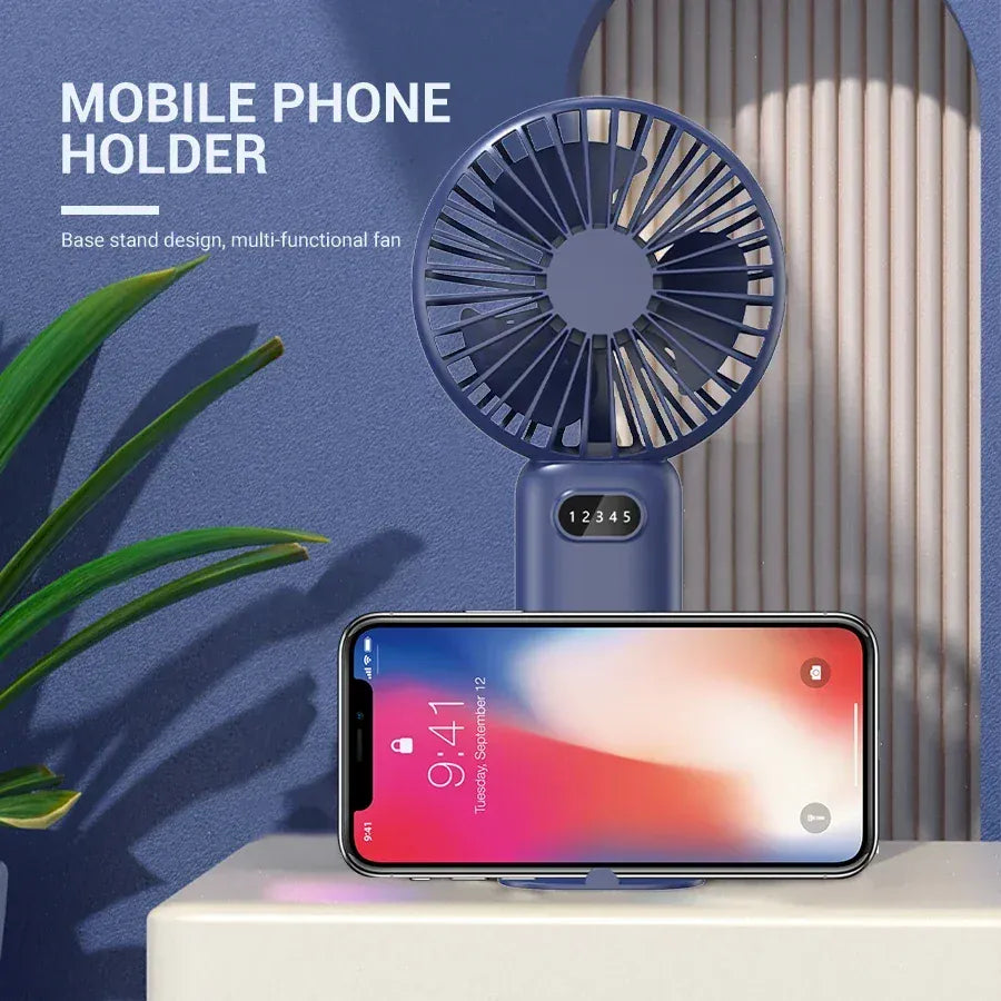 5-Speed Mini Handheld Fan USB Rechargeable Phone Stand | Wahooly 5-Speed Mini Handheld Fan — Foldable, USB Rechargeable with Phone Stand & Digital Display
