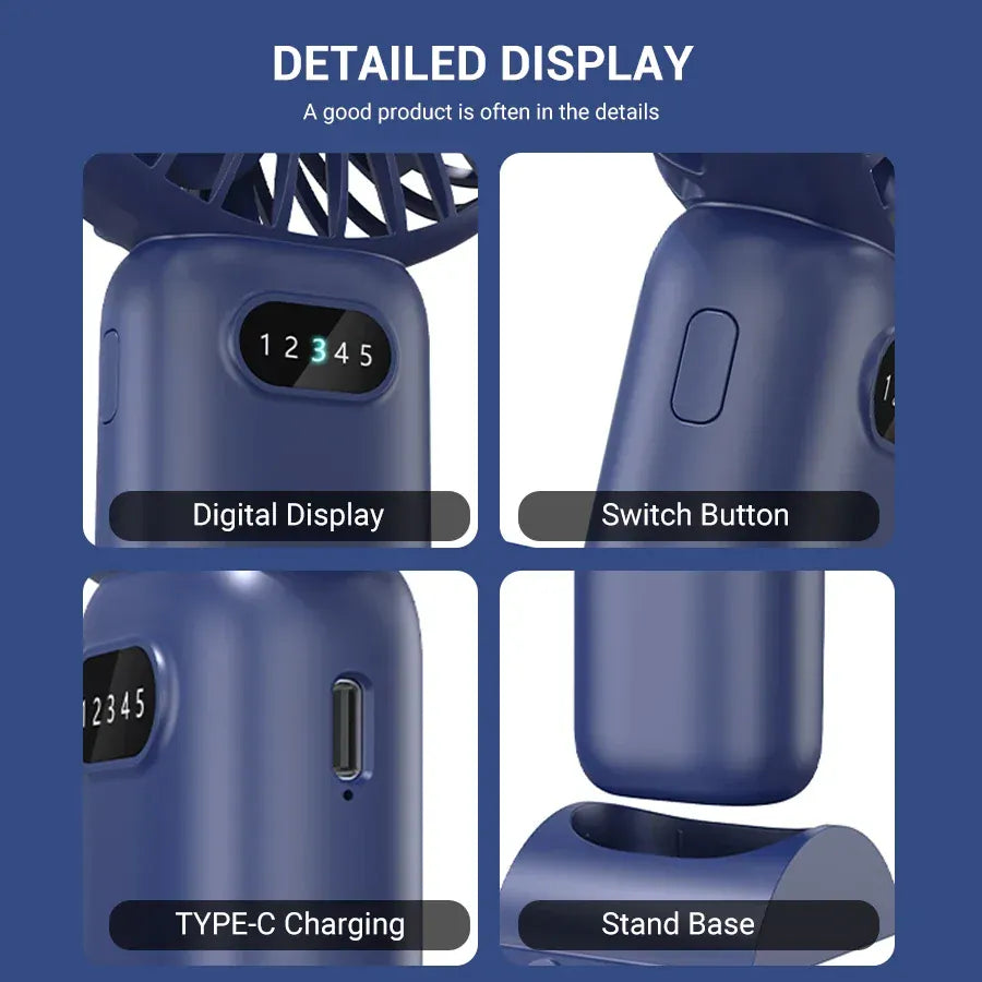 5-Speed Mini Handheld Fan USB Rechargeable Phone Stand | Wahooly 5-Speed Mini Handheld Fan — Foldable, USB Rechargeable with Phone Stand & Digital Display