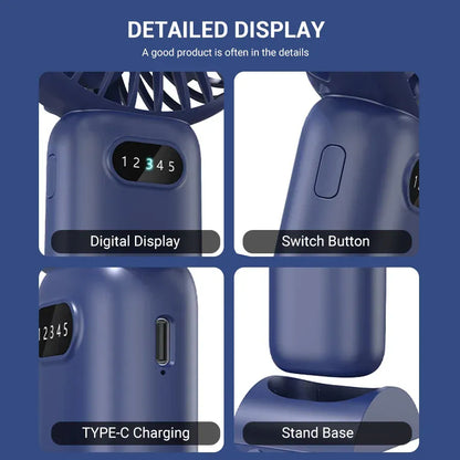 5-Speed Mini Handheld Fan USB Rechargeable Phone Stand | Wahooly 5-Speed Mini Handheld Fan — Foldable, USB Rechargeable with Phone Stand & Digital Display