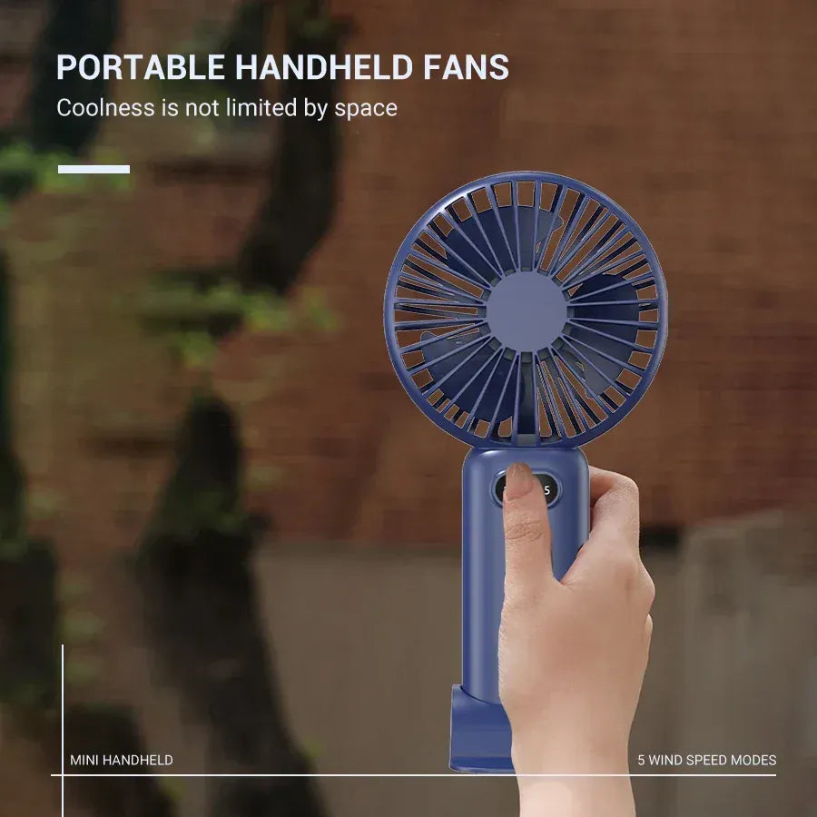 5-Speed Mini Handheld Fan USB Rechargeable Phone Stand | Wahooly 5-Speed Mini Handheld Fan — Foldable, USB Rechargeable with Phone Stand & Digital Display
