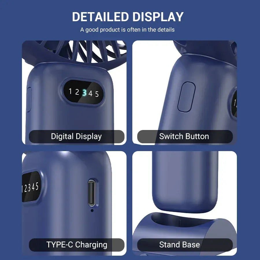 5-Speed Mini Handheld Fan USB Rechargeable Phone Stand | Wahooly 5-Speed Mini Handheld Fan — Foldable, USB Rechargeable with Phone Stand & Digital Display