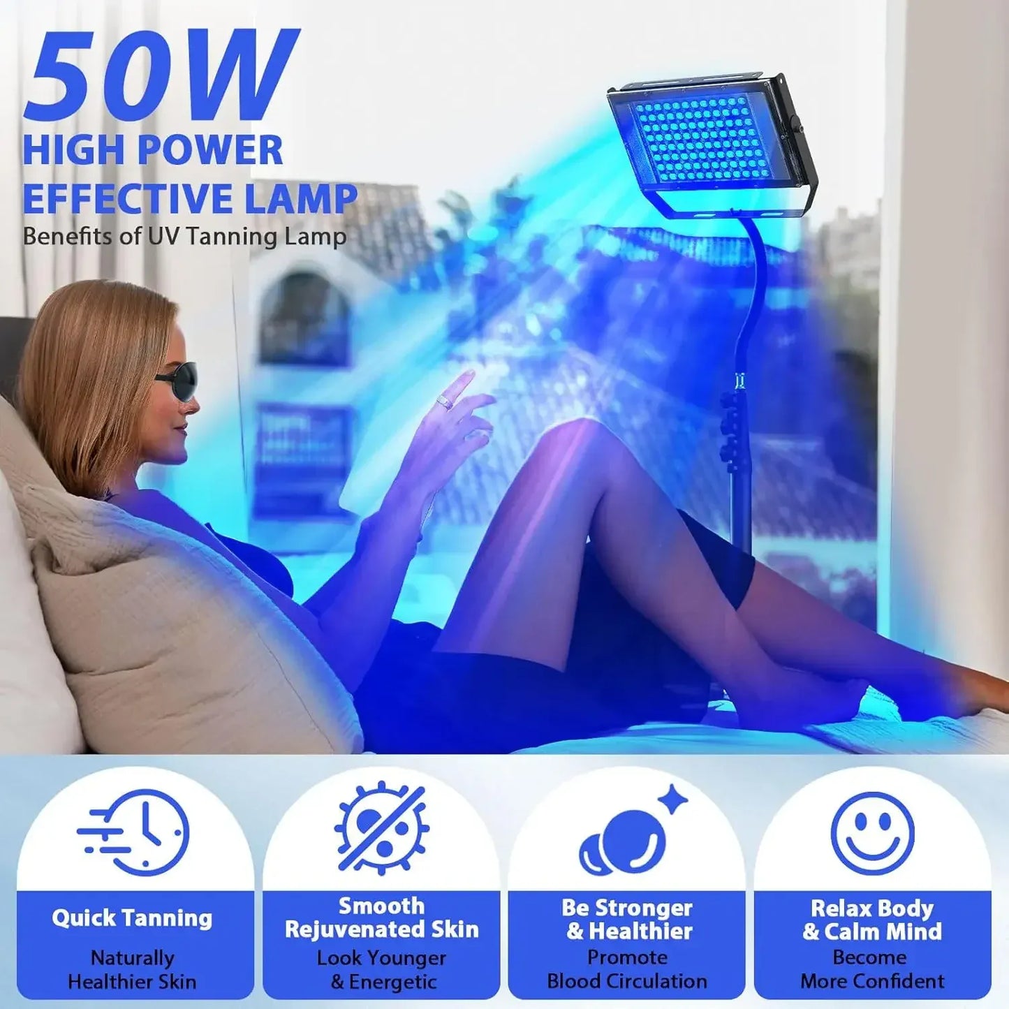 50W Blue Light Therapy Lamp with Tripod | 420 LEDs, 460nm & 490nm Skin Care — Wahooly 50W Blue Light Therapy Lamp with Adjustable Tripod | 420 LEDs | 460nm & 490nm Skin Care & Tanning Solarium
