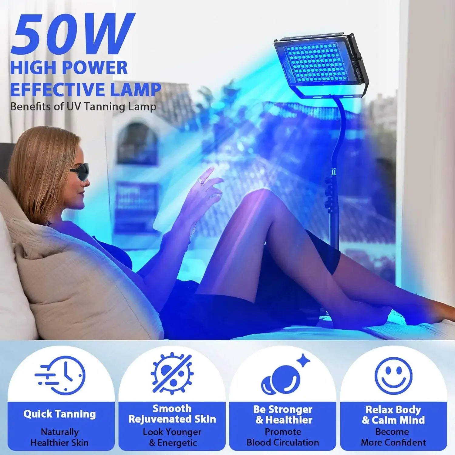 50W Blue Light Therapy Lamp with Tripod | 420 LEDs, 460nm & 490nm Skin Care — Wahooly 50W Blue Light Therapy Lamp with Adjustable Tripod | 420 LEDs | 460nm & 490nm Skin Care & Tanning Solarium