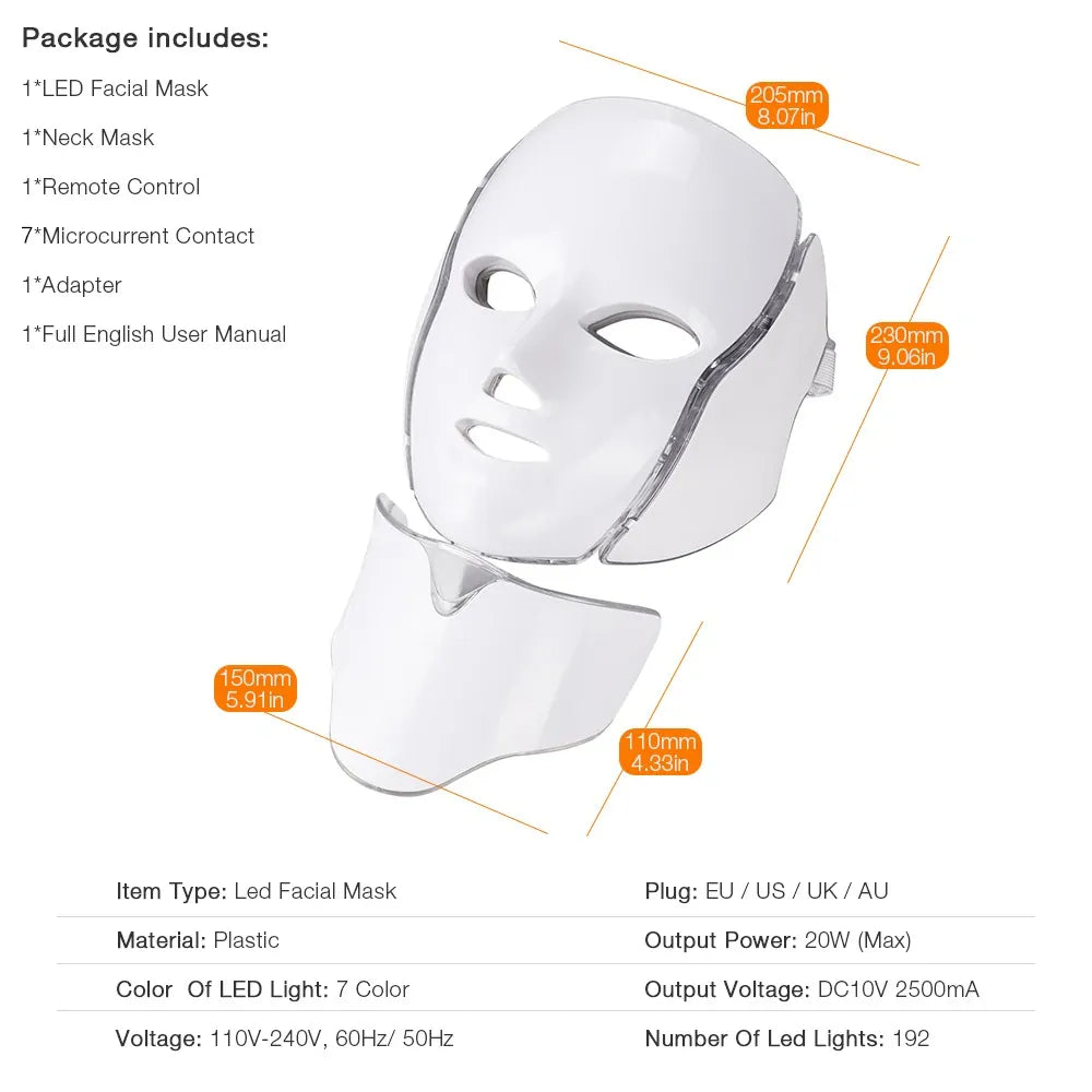 7-Color LED Face & Neck Mask | 192 LEDs Anti-Aging Light Therapy | US/EU/UK/AU — Wahooly 7-Color LED Face & Neck Mask | 192 LEDs | Anti-Aging, Acne, Whitening Light Therapy | US/EU/UK/AU Plug