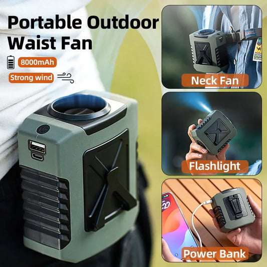 8000mAh Waist Fan 4-Speed Turbo Power Bank LED Light | Wahooly 8000mAh Outdoor Waist Fan — 4-Speed Turbo Cooling, Power Bank, LED Light & Neck Hanging