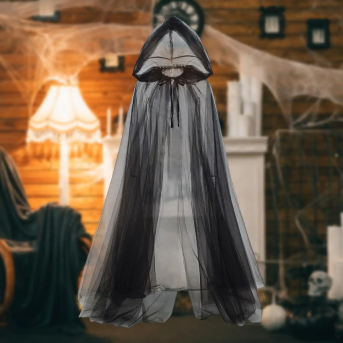 Halloween Witch Cloak with Hood Robe Cape for Adults Stage Show Themed Party Tulle Illusion Cape Halloween Cosplay Costume