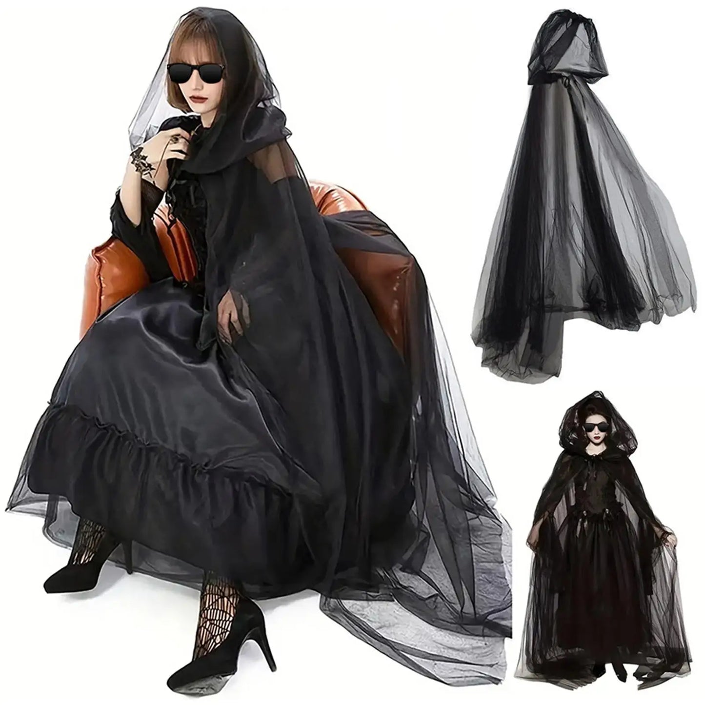 Halloween Witch Cloak with Hood Robe Cape for Adults Stage Show Themed Party Tulle Illusion Cape Halloween Cosplay Costume