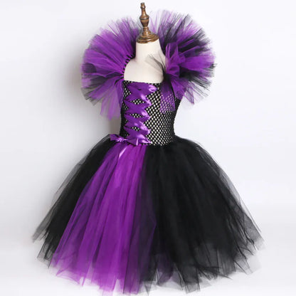 Halloween Evil Queen Costume for Kids Carnival Party Dress Up Outfit Purple Black Witch Costume for Girls Fancy Tulle Tutu Dress