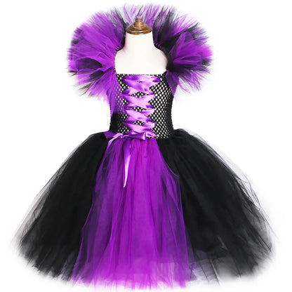 Halloween Evil Queen Costume for Kids Carnival Party Dress Up Outfit Purple Black Witch Costume for Girls Fancy Tulle Tutu Dress