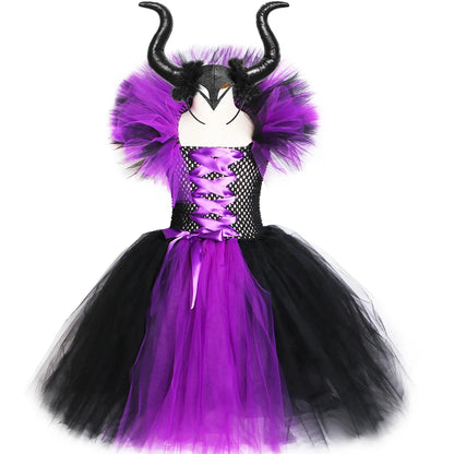 Halloween Evil Queen Costume for Kids Carnival Party Dress Up Outfit Purple Black Witch Costume for Girls Fancy Tulle Tutu Dress