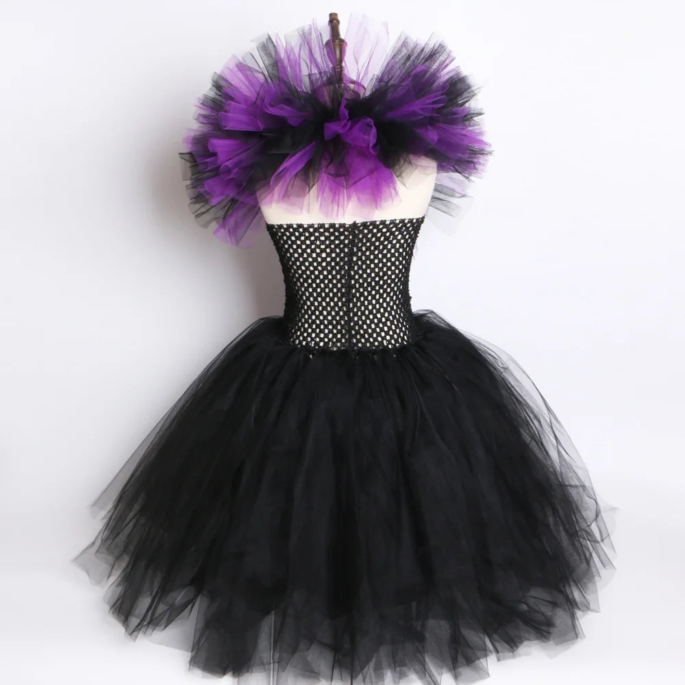 Halloween Evil Queen Costume for Kids Carnival Party Dress Up Outfit Purple Black Witch Costume for Girls Fancy Tulle Tutu Dress