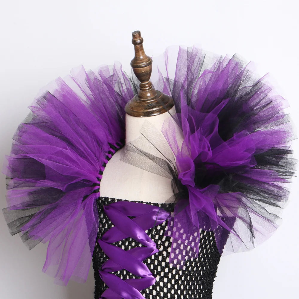 Halloween Evil Queen Costume for Kids Carnival Party Dress Up Outfit Purple Black Witch Costume for Girls Fancy Tulle Tutu Dress