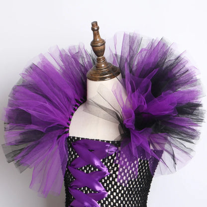 Halloween Evil Queen Costume for Kids Carnival Party Dress Up Outfit Purple Black Witch Costume for Girls Fancy Tulle Tutu Dress