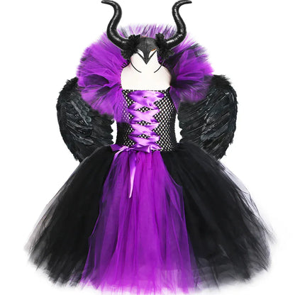 Halloween Evil Queen Costume for Kids Carnival Party Dress Up Outfit Purple Black Witch Costume for Girls Fancy Tulle Tutu Dress