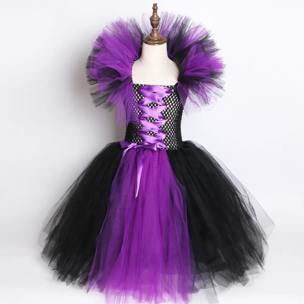 Halloween Evil Queen Costume for Kids Carnival Party Dress Up Outfit Purple Black Witch Costume for Girls Fancy Tulle Tutu Dress