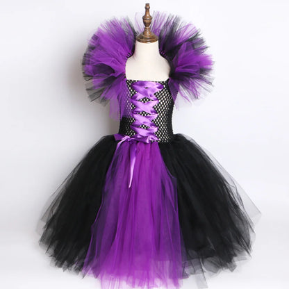 Halloween Evil Queen Costume for Kids Carnival Party Dress Up Outfit Purple Black Witch Costume for Girls Fancy Tulle Tutu Dress