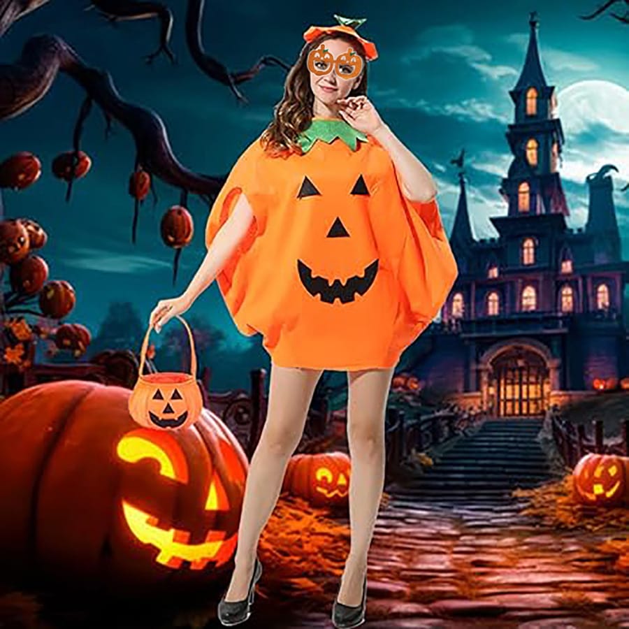Halloween Pumpkin Costume Set – Cute Hat, Candy Bag & 6-Piece Bundle | Kids & Adults