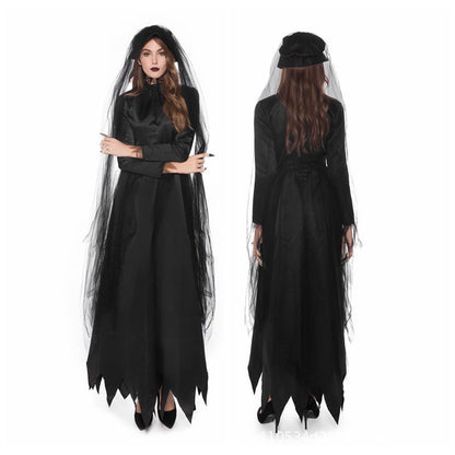 Ghost Bride Vampire Costume – Women's Black Wedding Dress Halloween Set