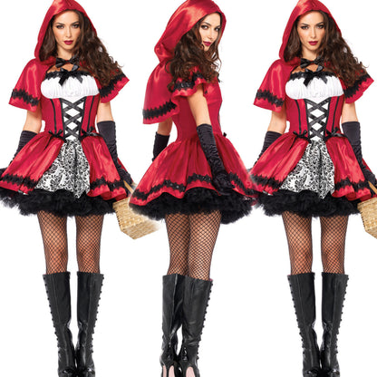 Women's Little Red Riding Hood Costume – Black & Red Dress with Shawl & Hood | S–XXL