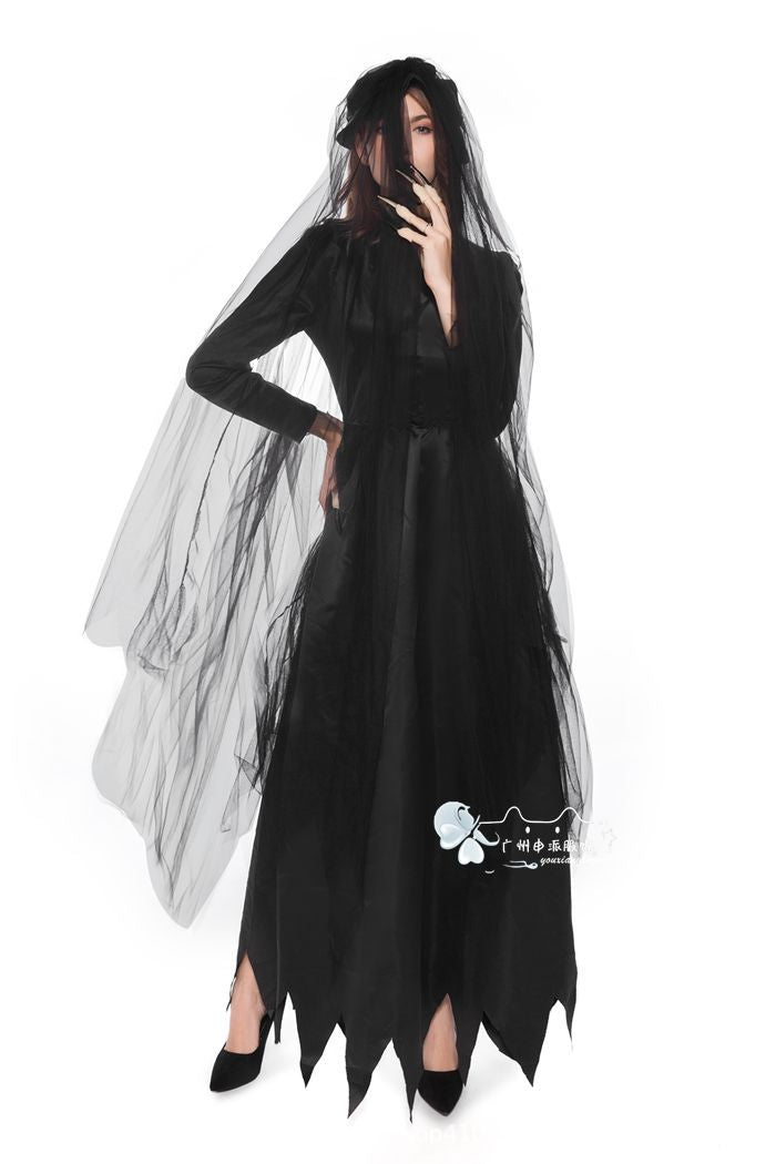 Ghost Bride Vampire Costume – Women's Black Wedding Dress Halloween Set