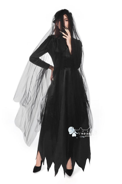 Ghost Bride Vampire Costume – Women's Black Wedding Dress Halloween Set