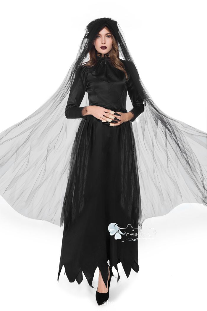 Ghost Bride Vampire Costume – Women's Black Wedding Dress Halloween Set