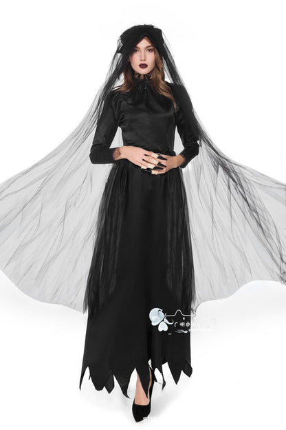 Ghost Bride Vampire Costume – Women's Black Wedding Dress Halloween Set