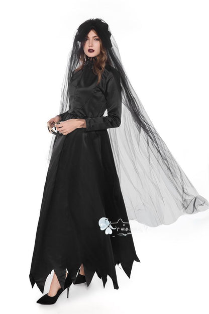 Ghost Bride Vampire Costume – Women's Black Wedding Dress Halloween Set