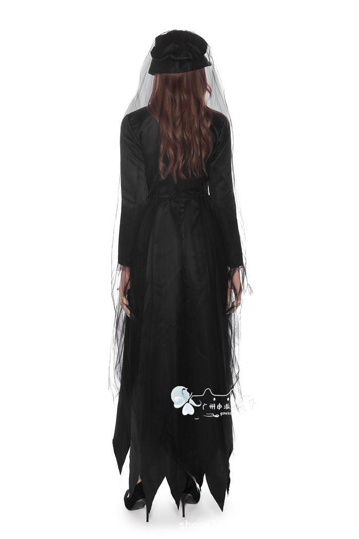 Ghost Bride Vampire Costume – Women's Black Wedding Dress Halloween Set
