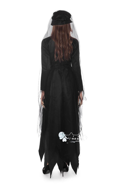 Ghost Bride Vampire Costume – Women's Black Wedding Dress Halloween Set