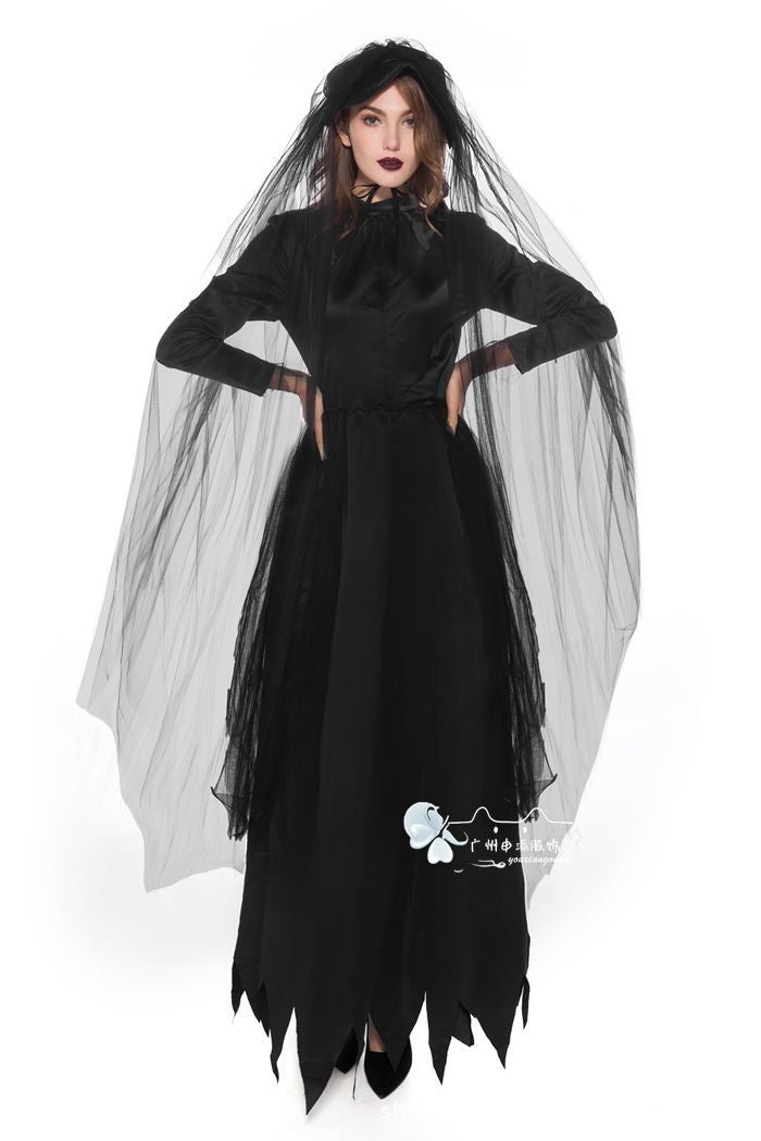 Ghost Bride Vampire Costume – Women's Black Wedding Dress Halloween Set