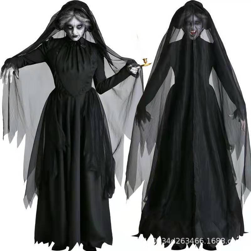Ghost Bride Vampire Costume – Women's Black Wedding Dress Halloween Set